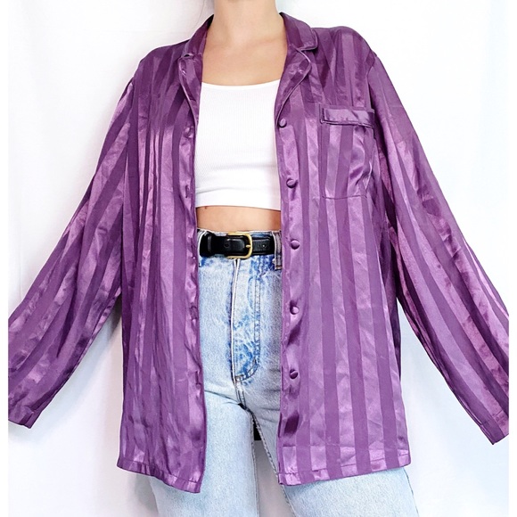 Vintage Tops - Vintage Victoria’s Secret Y2K Purple Striped Silky Button Down Top